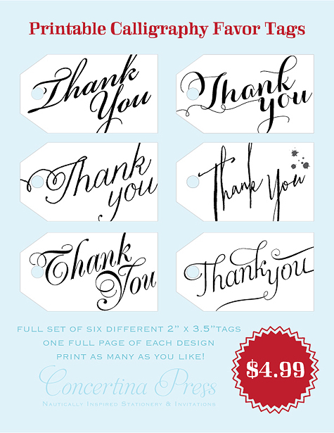 Concertina Press - Stationery and Invitations: DIY Printable Calligraphy Thank  You Wedding Favor or Gift Tags